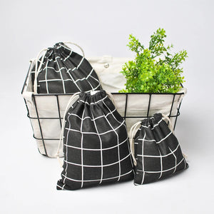 3pcs Plaid Drawstring Cotton Linen Storage Bags Portable Travel Organizer Pouch