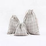 3pcs Plaid Drawstring Cotton Linen Storage Bags Portable Travel Organizer Pouch