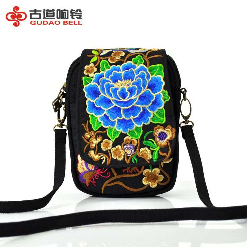 Ethnic Embroidery Canvas Shoulder Bag Women Small Coins Travel Beach Purse