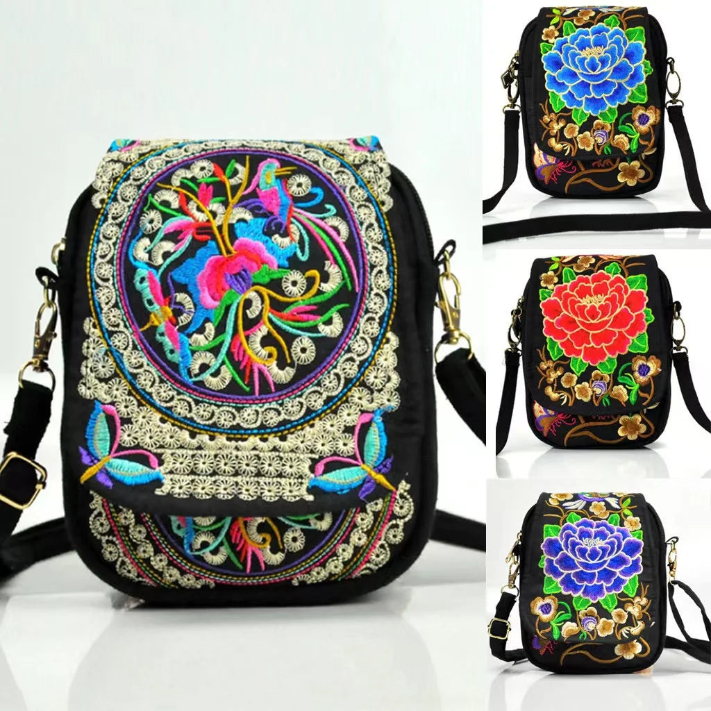 Ethnic Embroidery Canvas Shoulder Bag Women Small Coins Travel Beach Purse