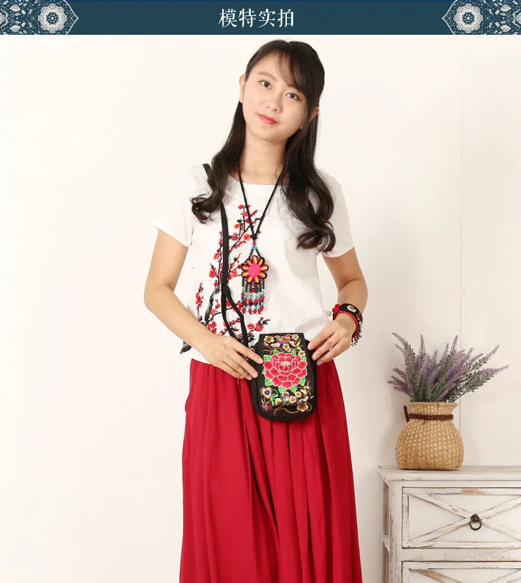 Ethnic Embroidery Canvas Shoulder Bag Women Small Coins Travel Beach Purse