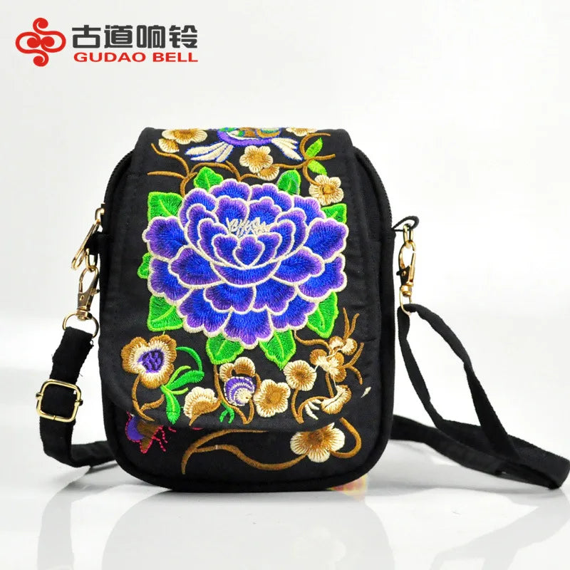 Ethnic Embroidery Canvas Shoulder Bag Women Small Coins Travel Beach Purse