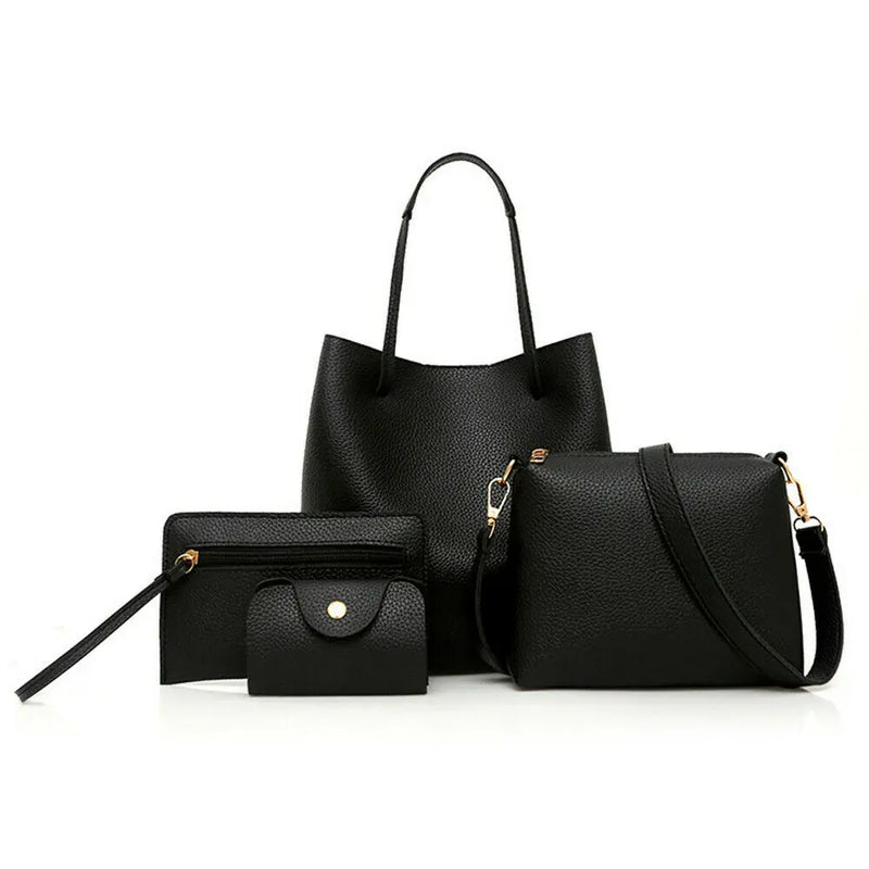 4 PCS Women Lady Leather Handbag Solid Plain Shoulder Bags Tote Purse Messenger