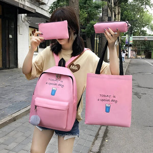 4 Pcs Female Backpack Canvas Schoolbags for Teenage Girls