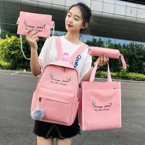 4-Piece Canvas Schoolbags for Teenage Girls Female Shoulder Bags Backpack Women