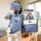 4-piece Canvas Backpack For Teenagers Women Solid Laptop Backpack