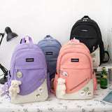 4-piece Canvas Backpack For Teenagers Women Solid Laptop Backpack