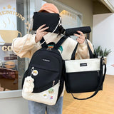 4-piece Canvas Backpack For Teenagers Women Solid Laptop Backpack