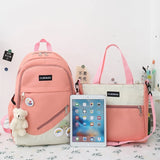 4-piece Canvas Backpack For Teenagers Women Solid Laptop Backpack
