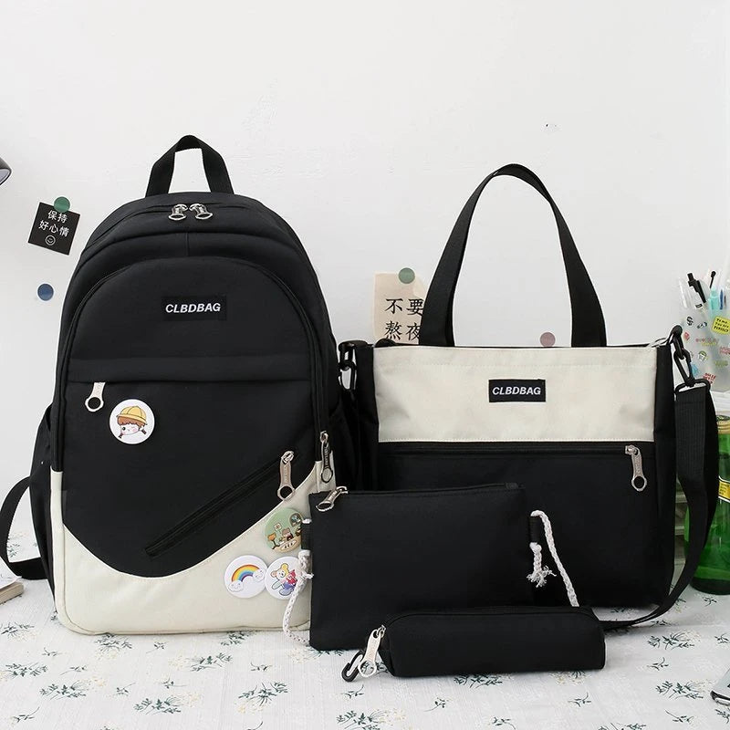 4-piece Canvas Backpack For Teenagers Women Solid Laptop Backpack