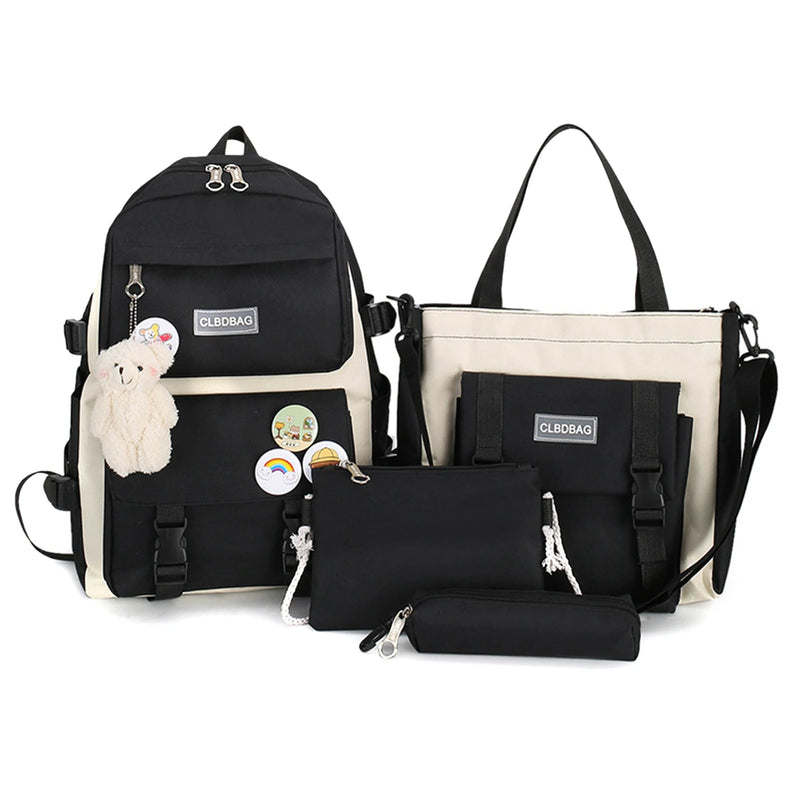 4PCS Nylon Printing Backpack Kindergarten Student Girls Schoolbag Lightweight