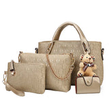 4Pcs Set Ladies Bear Pendant Handbag Shoulder Bag Girls Fashionable PU Leather C