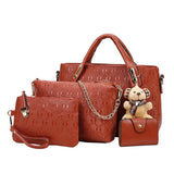 4Pcs Set Ladies Bear Pendant Handbag Shoulder Bag Girls Fashionable PU Leather C