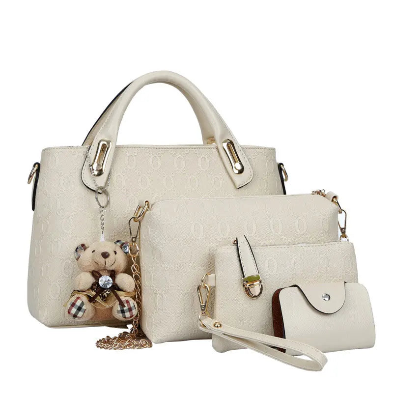 4Pcs Set Ladies Bear Pendant Handbag Shoulder Bag Girls Fashionable PU Leather C