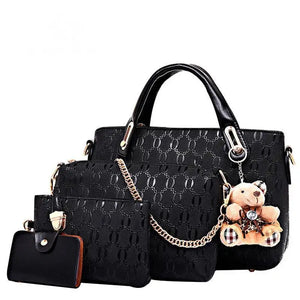 4Pcs Set Ladies Bear Pendant Handbag Shoulder Bag Girls Fashionable PU Leather C