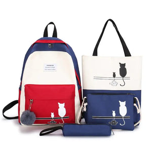 Canvas Cat Pattern School Bag for Girl Panelled Backpack Female Shoulder Bag