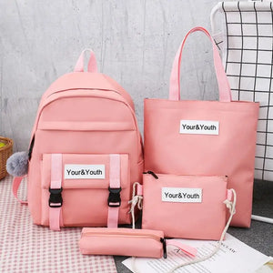 4Pcs/Set Women Canvas Schoolbag Large Capacity Backpack for Teenagers