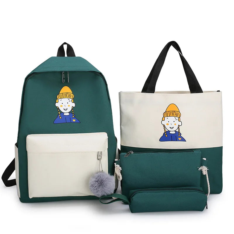 4Pcs Women School Patchwork Backpacks Girls Student Book Bag Boys Bolsas Sac