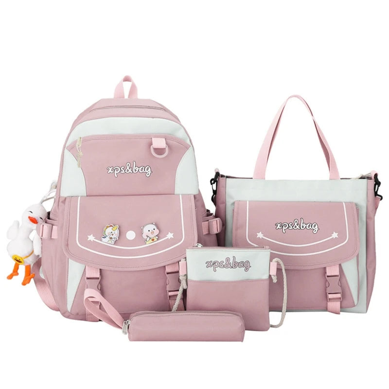 4pcs Cartoon Nylon School Backpack Travel Daypacks for Student Teen Girls