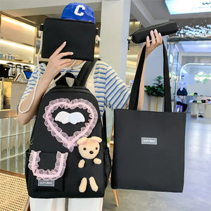 4pcs Set Bear Lace Heart Backpack Shoulder Bag School Bag Teenager Boys Girls