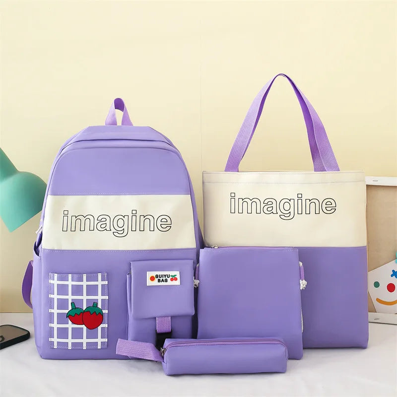 4pcs Set Solid Backpack Strawberry Shoulder Bag School Bag Teenager