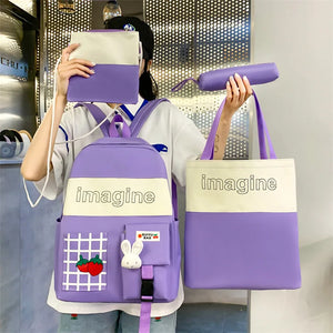 4pcs Set Solid Backpack Strawberry Shoulder Bag School Bag Teenager