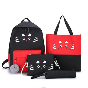 Cat Canvas School Backpack Set for Girls Boys Teenagers, 4pcs