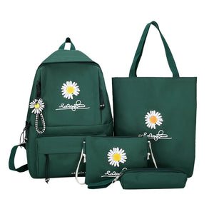 4pcs/Set Daisy Print Backpacks Canvas Rucksack Female School Backpack