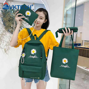Preppy Style Daisy Print Backpacks Set Canvas School Rucksack