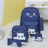 4pcs Girls Cat Printing Canvas School Backpack Set