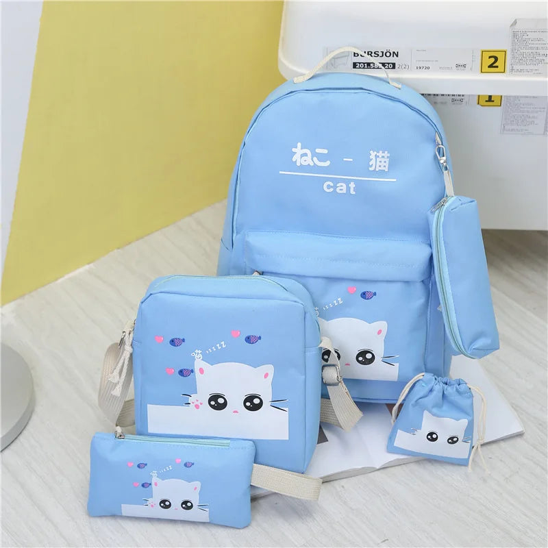 4pcs Girls Cat Printing Canvas School Backpack Set