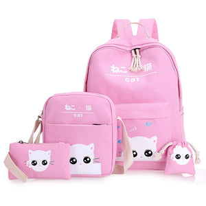 4pcs Girls Cat Printing Canvas School Backpack Set