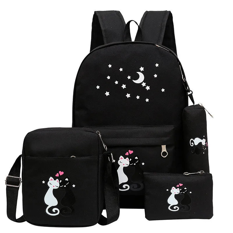 Cat Print Canvas School Bags Teen Girls Backpack Preppy Style Rucksack Mochila
