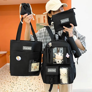 5-Piece Canvas Lightweight Travel Backpacks Women's Backpack Cartoon Schoolbag