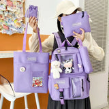 5-Piece Canvas Lightweight Travel Backpacks Women's Backpack Cartoon Schoolbag