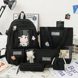 5-Piece Canvas Lightweight Travel Backpacks Women's Backpack Cartoon Schoolbag