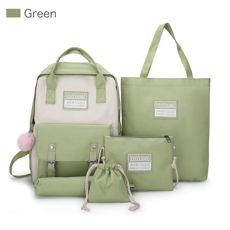 5 Piece Set High School Bags For Teenage Girl Boys Large Capacity Canvas Travel