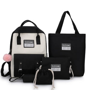 5pc High School Bags for Teenage Girls Canvas Travel Backpack Women Bookbags
