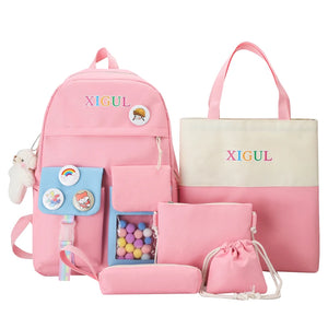 5 Piece Kids Backpack Set Stamp Backpacks for Teenagers Girls School Bags