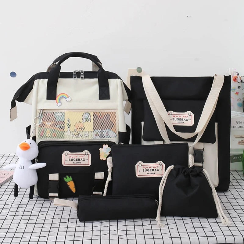 5Pcs Nylon School Backpacks Women Daypack Teen Girls Bookbags Travel Bag