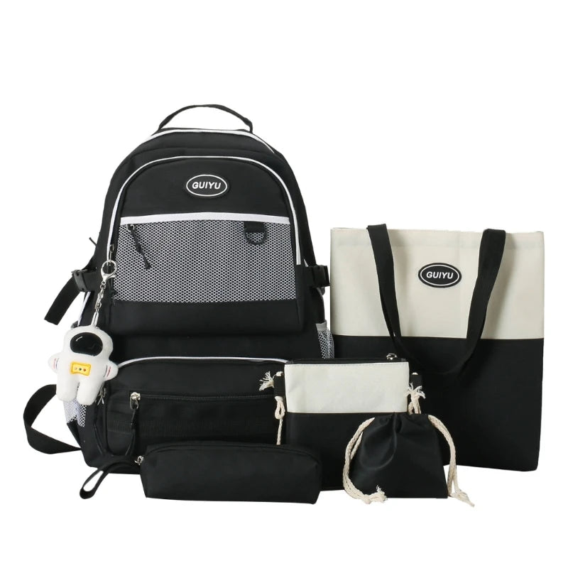 5pcs Backpack with Pendant for Teenagers Student Shoulder Bag Handbag