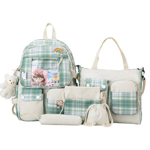 5pcs Plaid Backpack School Bookbags Handbag Shoulder Drawstring Bag
