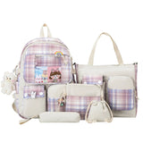 5pcs Plaid Backpack School Student Bookbags Shoulder Drawstring Bag Set
