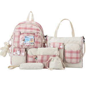 5pcs Plaid Backpack School Student Bookbags Shoulder Drawstring Bag Set