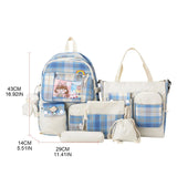 5pcs Plaid Backpack School Student Bookbags Shoulder Drawstring Bag Set