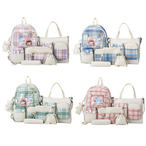 5pcs Plaid Backpack School Student Bookbags Drawstring Bag Pencil Case Set
