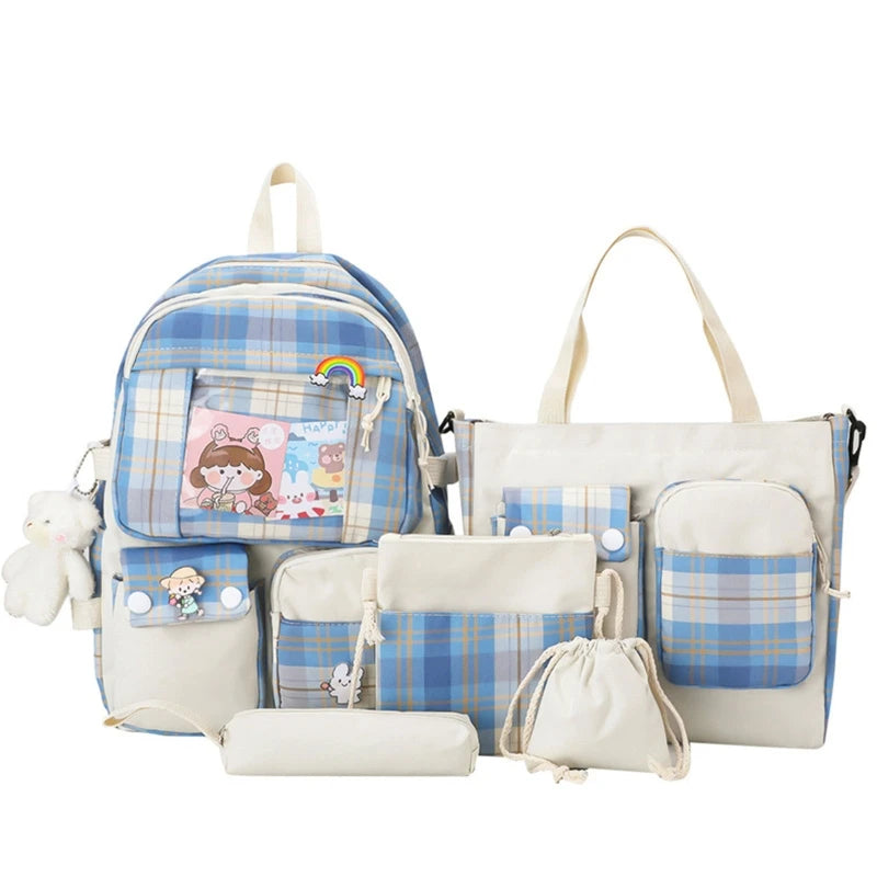 5pcs Plaid Backpack School Student Bookbags Drawstring Bag Pencil Case Set