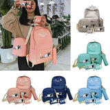 5pcs Cat Print Canvas Bags College Student Travel Backpack