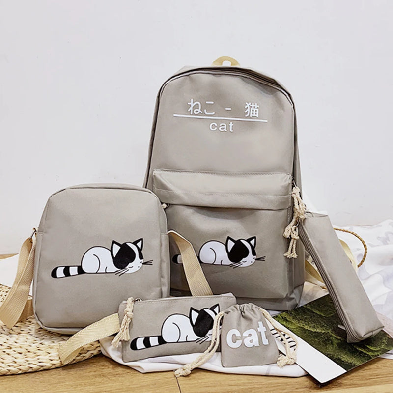 5pcs Cat Print Canvas Bags College Student Travel Backpack