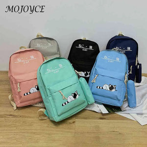 5pcs Cat Print Canvas Bags College Student Travel Backpack